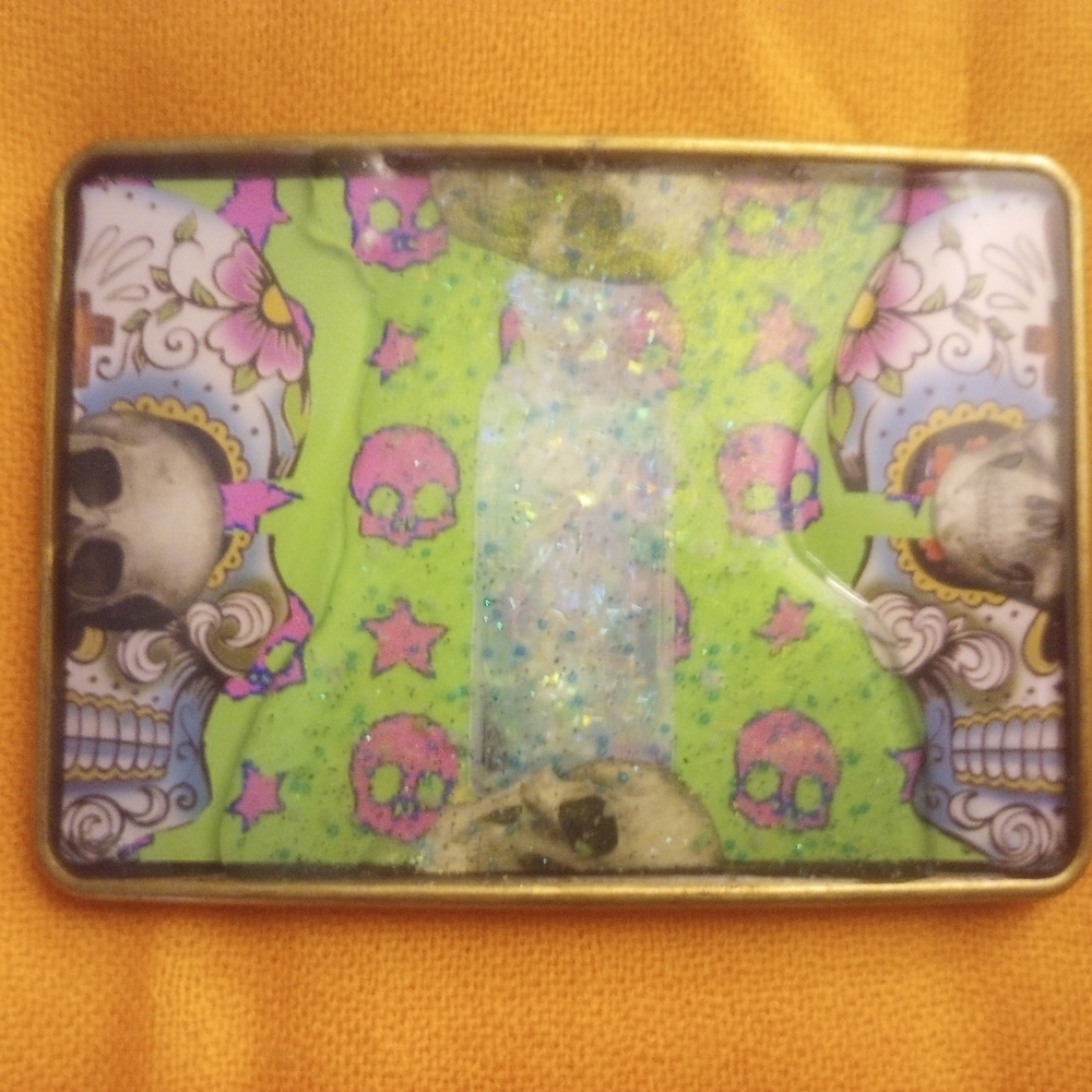 Glitter Skull Rectangle UNISEX Belt Buckle - Neon Green & Pink
